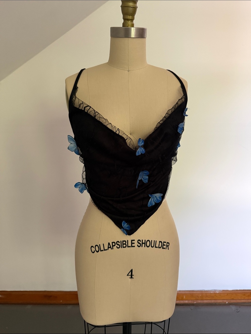 Black Mesh Butterfly-Embellished Cami Top